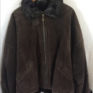 Brown suede zip up coat. Fur lined with fur collar
